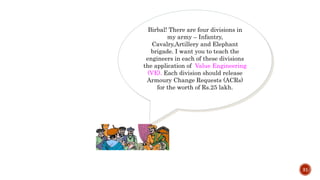 31
Birbal! There are four divisions in
my army – Infantry,
Cavalry,Artillery and Elephant
brigade. I want you to teach the
engineers in each of these divisions
the application of Value Engineering
(VE). Each division should release
Armoury Change Requests (ACRs)
for the worth of Rs.25 lakh.
 