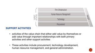 5
SUPPORT ACTIVITIES
• activities of the value chain that either add value by themselves or
add value through important relationships with both primary
activities and other support activities
• These activities include procurement, technology development,
human resource management, and general administration.
 
