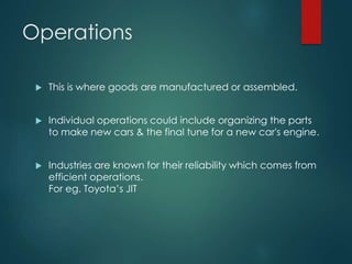 Operations
 This is where goods are manufactured or assembled.
 Individual operations could include organizing the parts
to make new cars & the final tune for a new car's engine.
 Industries are known for their reliability which comes from
efficient operations.
For eg. Toyota’s JIT
 