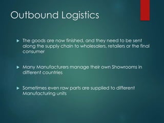Outbound Logistics
 The goods are now finished, and they need to be sent
along the supply chain to wholesalers, retailers or the final
consumer
 Many Manufacturers manage their own Showrooms in
different countries
 Sometimes even raw parts are supplied to different
Manufacturing units
 