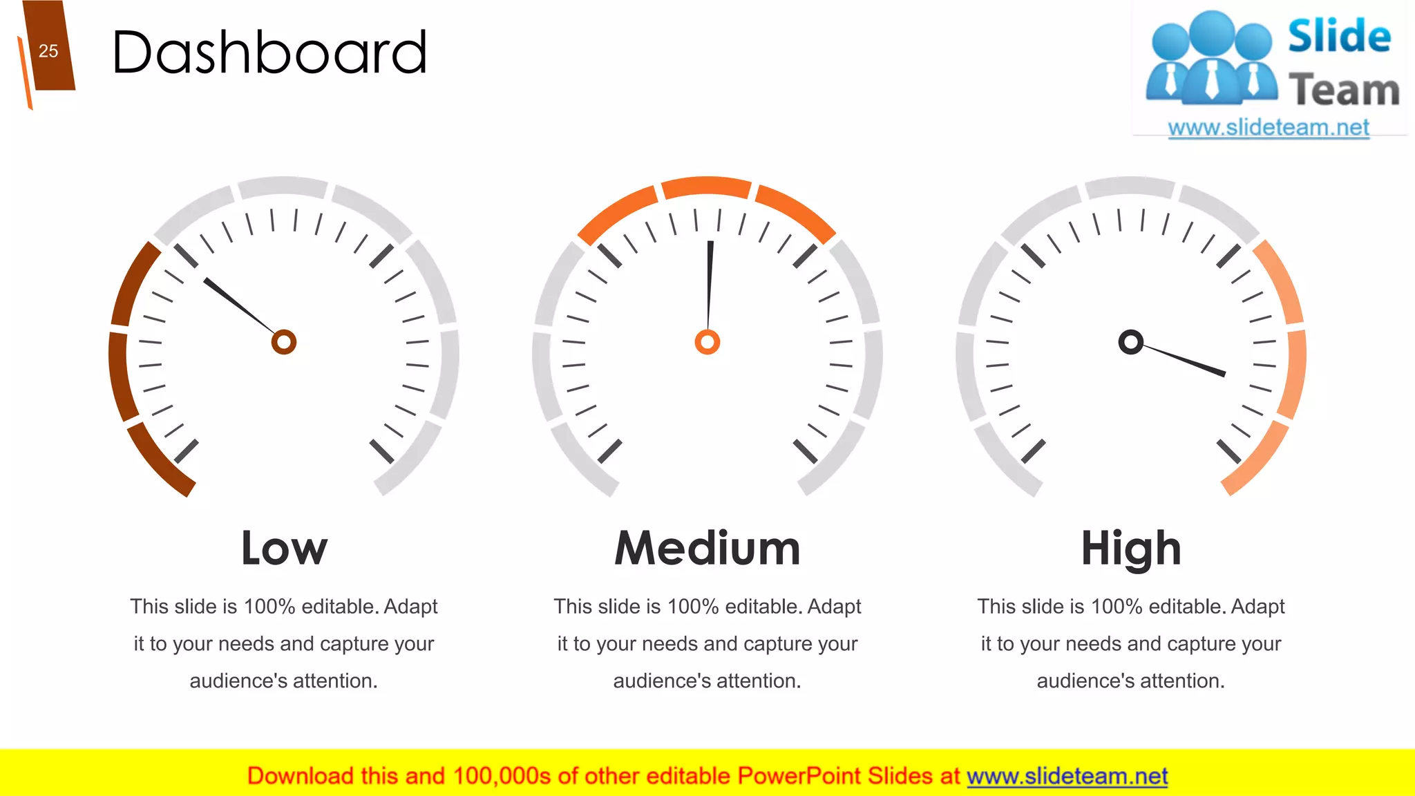 Dashboard
Medium
This slide is 100% editable. Adapt
it to your needs and capture your
audience's attention.
High
This slide is 100% editable. Adapt
it to your needs and capture your
audience's attention.
Low
This slide is 100% editable. Adapt
it to your needs and capture your
audience's attention.
25
 