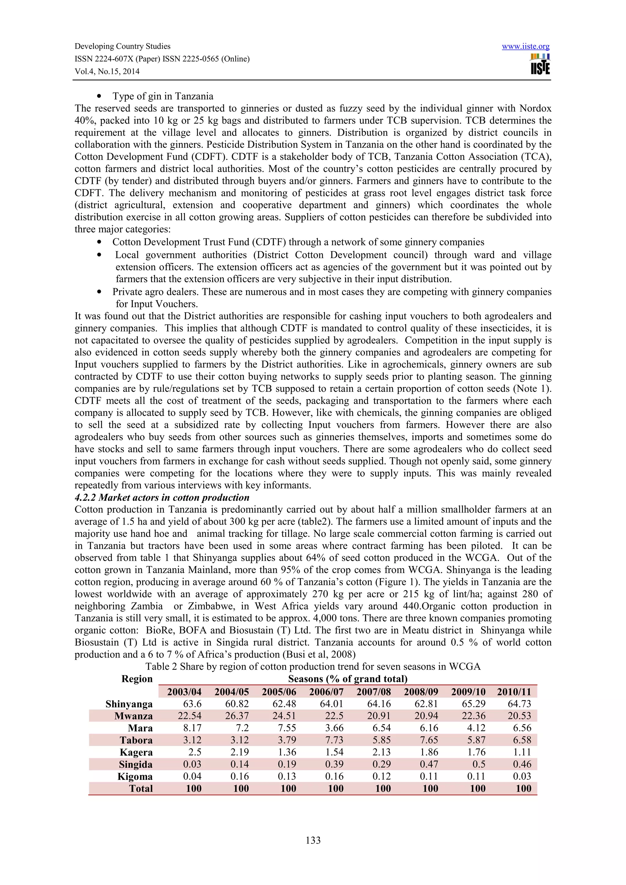 Developing Country Studies www.iiste.org
ISSN 2224-607X (Paper) ISSN 2225-0565 (Online)
Vol.4, No.15, 2014
133
• Type of gin in Tanzania
The reserved seeds are transported to ginneries or dusted as fuzzy seed by the individual ginner with Nordox
40%, packed into 10 kg or 25 kg bags and distributed to farmers under TCB supervision. TCB determines the
requirement at the village level and allocates to ginners. Distribution is organized by district councils in
collaboration with the ginners. Pesticide Distribution System in Tanzania on the other hand is coordinated by the
Cotton Development Fund (CDFT). CDTF is a stakeholder body of TCB, Tanzania Cotton Association (TCA),
cotton farmers and district local authorities. Most of the country’s cotton pesticides are centrally procured by
CDTF (by tender) and distributed through buyers and/or ginners. Farmers and ginners have to contribute to the
CDFT. The delivery mechanism and monitoring of pesticides at grass root level engages district task force
(district agricultural, extension and cooperative department and ginners) which coordinates the whole
distribution exercise in all cotton growing areas. Suppliers of cotton pesticides can therefore be subdivided into
three major categories:
• Cotton Development Trust Fund (CDTF) through a network of some ginnery companies
• Local government authorities (District Cotton Development council) through ward and village
extension officers. The extension officers act as agencies of the government but it was pointed out by
farmers that the extension officers are very subjective in their input distribution.
• Private agro dealers. These are numerous and in most cases they are competing with ginnery companies
for Input Vouchers.
It was found out that the District authorities are responsible for cashing input vouchers to both agrodealers and
ginnery companies. This implies that although CDTF is mandated to control quality of these insecticides, it is
not capacitated to oversee the quality of pesticides supplied by agrodealers. Competition in the input supply is
also evidenced in cotton seeds supply whereby both the ginnery companies and agrodealers are competing for
Input vouchers supplied to farmers by the District authorities. Like in agrochemicals, ginnery owners are sub
contracted by CDTF to use their cotton buying networks to supply seeds prior to planting season. The ginning
companies are by rule/regulations set by TCB supposed to retain a certain proportion of cotton seeds (Note 1).
CDTF meets all the cost of treatment of the seeds, packaging and transportation to the farmers where each
company is allocated to supply seed by TCB. However, like with chemicals, the ginning companies are obliged
to sell the seed at a subsidized rate by collecting Input vouchers from farmers. However there are also
agrodealers who buy seeds from other sources such as ginneries themselves, imports and sometimes some do
have stocks and sell to same farmers through input vouchers. There are some agrodealers who do collect seed
input vouchers from farmers in exchange for cash without seeds supplied. Though not openly said, some ginnery
companies were competing for the locations where they were to supply inputs. This was mainly revealed
repeatedly from various interviews with key informants.
4.2.2 Market actors in cotton production
Cotton production in Tanzania is predominantly carried out by about half a million smallholder farmers at an
average of 1.5 ha and yield of about 300 kg per acre (table2). The farmers use a limited amount of inputs and the
majority use hand hoe and animal tracking for tillage. No large scale commercial cotton farming is carried out
in Tanzania but tractors have been used in some areas where contract farming has been piloted. It can be
observed from table 1 that Shinyanga supplies about 64% of seed cotton produced in the WCGA. Out of the
cotton grown in Tanzania Mainland, more than 95% of the crop comes from WCGA. Shinyanga is the leading
cotton region, producing in average around 60 % of Tanzania’s cotton (Figure 1). The yields in Tanzania are the
lowest worldwide with an average of approximately 270 kg per acre or 215 kg of lint/ha; against 280 of
neighboring Zambia or Zimbabwe, in West Africa yields vary around 440.Organic cotton production in
Tanzania is still very small, it is estimated to be approx. 4,000 tons. There are three known companies promoting
organic cotton: BioRe, BOFA and Biosustain (T) Ltd. The first two are in Meatu district in Shinyanga while
Biosustain (T) Ltd is active in Singida rural district. Tanzania accounts for around 0.5 % of world cotton
production and a 6 to 7 % of Africa’s production (Busi et al, 2008)
Table 2 Share by region of cotton production trend for seven seasons in WCGA
Region Seasons (% of grand total)
2003/04 2004/05 2005/06 2006/07 2007/08 2008/09 2009/10 2010/11
Shinyanga 63.6 60.82 62.48 64.01 64.16 62.81 65.29 64.73
Mwanza 22.54 26.37 24.51 22.5 20.91 20.94 22.36 20.53
Mara 8.17 7.2 7.55 3.66 6.54 6.16 4.12 6.56
Tabora 3.12 3.12 3.79 7.73 5.85 7.65 5.87 6.58
Kagera 2.5 2.19 1.36 1.54 2.13 1.86 1.76 1.11
Singida 0.03 0.14 0.19 0.39 0.29 0.47 0.5 0.46
Kigoma 0.04 0.16 0.13 0.16 0.12 0.11 0.11 0.03
Total 100 100 100 100 100 100 100 100
 