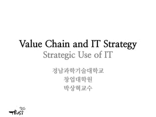 Value Chain and IT Strategy
Strategic Use of IT
경남과학기술대학교
창업대학원
박상혁교수
 