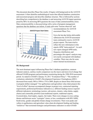 6
This document describes Phase One results. It begins with background on the AAVCD
assessment. It then identifies methodological issues that affected database construction
and assessment progress and describes database structure. This is followed by sections
describing how comprehensive the database is and answering AAVCD impact questions
posed by BFS. In answering BFS questions the issue of data commensurability arises.
Data commensurability is discussed along with a series of program management
questions that the database can inform. It ends with some “lessons observed” and
recommendations for AAVCD
assessment Phase Two.
Up to the last day before deliverable
submission the AAVCD assessment
team continued to receive AAVCD
project reports. The team tried to
reflect this new information in this
reports APM “meta-analysis”. As each
new report changed APM totals,
frequency distributions and
percentages this report’s analysis may
not exactly correspond with database
variables. There may also be some
minor internal inconsistencies.
III. Background
The most dominant aspect influencing Phase One’s database population, common
indicator analysis, and key results comparison was the macro and micro level change that
affected USAID programs and performance monitoring during the 1998-2010 assessment
period. As stated in USAID’s January 19, 2011 “Evaluation Policy”: “The number of
evaluations submitted to USAID’s Development Experience Clearinghouse (DEC)
decreased from nearly 500 in 1994 to 170 in 2009, despite an almost three fold increase
in program dollars managed.” For agribusiness and agriculture value chain projects this
“level of effort” decrease accompanied changes in project size, contractual reporting
requirements, preferred performance indicators (i.e. different funding sources required
different indicators), terminology (sectors, sub-sectors, clusters, value chains, supply
chains) and commodity priorities (non-traditional exports, traditional exports,
livestock/dairy, food staples, organic, fair trade). There were changes in cross cutting
themes and between sector “synergies” (more, or less, coordination with HIV/AIDS,
biodiversity, gender and global climate change investments). There were peaks and
valleys in agribusiness and agriculture value chain development funding and funding
“initiatives” that reoriented strategies and performance indicators in select USAID
 