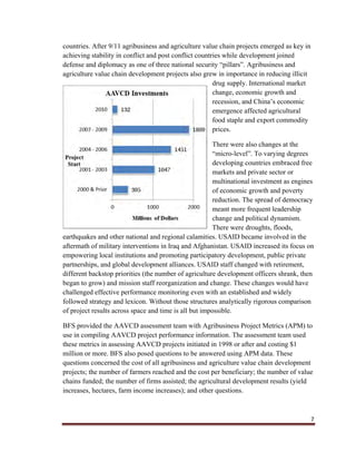 7
countries. After 9/11 agribusiness and agriculture value chain projects emerged as key in
achieving stability in conflict and post conflict countries while development joined
defense and diplomacy as one of three national security “pillars”. Agribusiness and
agriculture value chain development projects also grew in importance in reducing illicit
drug supply. International market
change, economic growth and
recession, and China’s economic
emergence affected agricultural
food staple and export commodity
prices.
There were also changes at the
“micro-level”. To varying degrees
developing countries embraced free
markets and private sector or
multinational investment as engines
of economic growth and poverty
reduction. The spread of democracy
meant more frequent leadership
change and political dynamism.
There were droughts, floods,
earthquakes and other national and regional calamities. USAID became involved in the
aftermath of military interventions in Iraq and Afghanistan. USAID increased its focus on
empowering local institutions and promoting participatory development, public private
partnerships, and global development alliances. USAID staff changed with retirement,
different backstop priorities (the number of agriculture development officers shrank, then
began to grow) and mission staff reorganization and change. These changes would have
challenged effective performance monitoring even with an established and widely
followed strategy and lexicon. Without those structures analytically rigorous comparison
of project results across space and time is all but impossible.
BFS provided the AAVCD assessment team with Agribusiness Project Metrics (APM) to
use in compiling AAVCD project performance information. The assessment team used
these metrics in assessing AAVCD projects initiated in 1998 or after and costing $1
million or more. BFS also posed questions to be answered using APM data. These
questions concerned the cost of all agribusiness and agriculture value chain development
projects; the number of farmers reached and the cost per beneficiary; the number of value
chains funded; the number of firms assisted; the agricultural development results (yield
increases, hectares, farm income increases); and other questions.
 