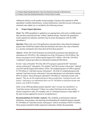 16
/1 Projects Reporting Beneficiaries Total Cost divided by Number of Beneficiaries
/2 Projects Total Cost divided by Number of Value Chains Funded
.
Additional statistics on the number and percentages of projects that reported on APM
spreadsheet variables (beneficiaries, women beneficiaries, total farm income with project,
estimated value added, etc.) is included in the following sections.
2) Project Impact Questions
(Note: The APM spreadsheet is updated on an ongoing basis with newly available project
data and data reclassification due “rolling” database design. Therefore the quantitative
results reported are indicative and there may be minor discrepancies with the APM
spreadsheet.)
Question: What is the cost of all agribusiness and agriculture value-chain development
projects that USAID has funded within the timeframe and what is the value of benefits
(i.e. income) estimated to have been derived from these projects?
Answer: Of the 240 AAVCD projects inventoried the assessment team obtained cost
information for 229 (95%). The combined cost of the 229 projects is $4.93 billion. The
lowest cost project was $1 million and the largest $371 million. 149 of the 158 (94%)
“completed” projects provided cost information totaling $2.066 billion.
For the “value of benefits” 90 of the 240 (37%) projects reported $2.407 “total farm
income with project” information. The smallest “total farm income with project” reported
was $339 and the largest $266 million. Of the 158 completed projects 63 (40%) reported
$1.782 billion in “total farm income with project”. 60 of the 63 completed projects that
reported “total farm income with project” also provided project cost information totaling
$676.16 million. Those 60 projects reported $1.744 billion in “total farm income with
project”. Thus for the 60 completed projects that provided both “total farm income with
project” and project cost information there was $1.744 billion in total farm income and
project costs of $676.16 million.
(Note: In the APM spreadsheet project reported “sales” revenue was classified as: 1)
“total farm income with project” if there was a direct link between the sales and the
farmer (cooperatives sales, for example); and, 2) “estimated increase in value added” if
the sales revenue appeared to accrue to an agribusiness.)
Recommendations for Further Analysis: The variability in performance indicator
definitions, measurement, and reporting notwithstanding 60 completed projects reported
$1.744 billion of “total farm income with project” with an investment of $676.16 million.
These projects should be further analyzed to determine whether this potentially
 