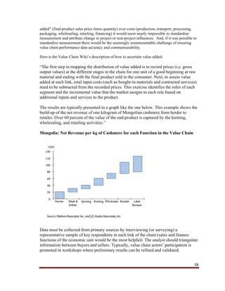 58
added” (final product sales price times quantity) over costs (production, transport, processing,
packaging, wholesaling, retailing, financing) it would seem nearly impossible to standardize
measurement and attribute change to project or non-project influences. And, if it was possible to
standardize measurement there would be the seemingly insurmountable challenge of ensuring
value chain performance data accuracy and commensurability.
Here is the Value Chain Wiki’s description of how to ascertain value added:
“The first step in mapping the distribution of value added is to record prices (i.e. gross
output values) at the different stages in the chain for one unit of a good beginning at raw
material and ending with the final product sold to the consumer. Next, to assess value
added at each link, total input costs (such as bought-in materials and contracted services)
need to be subtracted from the recorded prices. This exercise identifies the roles of each
segment and the incremental value that the market assigns to each role based on
additional inputs and services to the product.
The results are typically presented in a graph like the one below. This example shows the
build-up of the net revenue of one kilogram of Mongolian cashmere from herder to
retailer. Over 60 percent of the value of the end product is captured by the knitting,
wholesaling, and retailing activities.”
Mongolia: Net Revenue per kg of Cashmere for each Function in the Value Chain
Data must be collected from primary sources by interviewing (or surveying) a
representative sample of key respondents in each link of the chain (sales and finance
functions of the economic unit would be the most helpful). The analyst should triangulate
information between buyers and sellers. Typically, value chain actors’ participation is
promoted in workshops where preliminary results can be refined and validated.
 