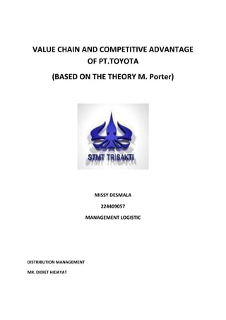 VALUE CHAIN AND COMPETITIVE ADVANTAGE
               OF PT.TOYOTA
           (BASED ON THE THEORY M. Porter)




                             MISSY DESMALA

                               224409057

                          MANAGEMENT LOGISTIC




DISTRIBUTION MANAGEMENT

MR. DIDIET HIDAYAT
 