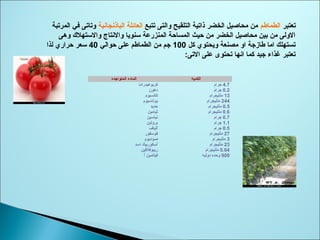‫تعتبر‬‫الطماطم‬‫تتبع‬ ‫والتى‬ ‫التلقيح‬ ‫ذاتية‬ ‫الخضر‬ ‫محاصيل‬ ‫من‬‫الباذنجانية‬ ‫العائلة‬‫المرتبة‬ ‫في‬ ‫وتاتى‬
‫وهى‬ ‫والتستهل ك‬ ‫والنتاج‬ ‫تسنويا‬ ‫المنزرعة‬ ‫المساحة‬ ‫حيث‬ ‫من‬ ‫الخضر‬ ‫محاصيل‬ ‫بين‬ ‫من‬ ‫الولى‬
‫كل‬ ‫ويحتوي‬ ‫مصنعة‬ ‫او‬ ‫طازجة‬ ‫اما‬ ‫تستهلك‬100‫حوالي‬ ‫على‬ ‫الطماطم‬ ‫من‬ ‫جم‬40‫لذا‬ ‫حراري‬ ‫تسعر‬
:‫التى‬ ‫على‬ ‫تحتوى‬ ‫انها‬ ‫كما‬ ‫جيد‬ ‫غذاء‬ ‫تعتبر‬
‫المتواجده‬ ‫الماده‬ ‫الكميه‬
‫كربوهيدرات‬
‫دهون‬
‫كالسيوم‬
‫بوتاتسيوم‬
‫حديد‬
‫ثيامين‬
‫نياتسين‬
‫بروتين‬
‫ألياف‬
‫فوتسفور‬
‫صوديوم‬
‫اتسد‬ ‫أتسكوربيك‬
‫ريبوفلفين‬
‫أ‬ ‫فيتامين‬
4.7‫جرام‬
0.2‫جرام‬
13‫ملليجرام‬
244‫ملليجرام‬
0.5‫ملليجرام‬
0.6‫ملليجرام‬
0.7‫جرام‬
1.1‫جرام‬
0.5‫جرام‬
27‫ملليجرام‬
3‫ملليجرام‬
23‫ملليجرام‬
0.04‫ملليجرام‬
900‫دوليه‬ ‫وحده‬
 