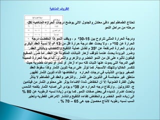 ‫المناخية‬ ‫الظروف‬
‫ت‬‫معتدل‬ ‫دافئ‬ ‫لجو‬ ‫الطماطم‬ ‫حتاج‬‫لكل‬ ‫المناتسبه‬ ‫الحراره‬ ‫درجات‬ ‫يوضح‬ ‫التى‬ ‫والجدول‬
‫النمو‬ ‫مراحل‬ ‫من‬ ‫مرحله‬
‫بين‬ ‫تتراو ح‬ ‫المثلى‬ ‫الحرارة‬ ‫ودرجة‬15-0
30‫درجة‬ ‫انخفضت‬ ‫إذا‬ ‫النمو‬ ‫ويقف‬ ، ‫م‬
‫عن‬ ‫الحرارة‬0
10‫من‬ ‫اقل‬ ‫حرارة‬ ‫درجة‬ ‫عقد‬ ‫يحدث‬ ‫ول‬ ، ‫م‬130
‫البكرى‬ ‫العقد‬ ‫نسبة‬ ‫ال‬ ‫م‬
‫عن‬ ‫المرتفعة‬ ‫الحرارة‬ ‫وتودى‬350
.‫العقد‬ ‫وبالتالى‬ ‫والخصاب‬ ‫التلقيح‬ ‫عملية‬ ‫لفشل‬ ‫م‬
‫الصقيع‬ ‫ضرر‬ ‫أما‬ .‫العقد‬ ‫عن‬ ‫المتكونة‬ ‫النباتات‬ ‫أزهار‬ ‫تتوقف‬ ‫عندما‬ ‫يحدث‬ ‫البرودة‬ ‫وضرر‬
‫المميتة‬ ‫الحرارة‬ ‫درجة‬ ‫أما‬ ،‫والثمري‬ ‫والزهري‬ ‫الخضري‬ ‫النمو‬ ‫من‬ ‫كل‬ ‫على‬ ‫تأثيره‬ ‫فيتكون‬
‫حيث‬ ‫خضرية‬ ‫نموات‬ ‫أو‬ ‫ثمار‬ ‫أو‬ ‫أزهار‬ ‫تسواء‬ ‫كله‬ ‫النبات‬ ‫عنها‬ ‫يموت‬ ‫التي‬ ‫الدرجة‬ ‫فهي‬
‫النسجة‬ ‫وتتهتك‬ ‫الخليا‬ ‫تتكسر‬.‫العقد‬ ‫تسقوط‬ ‫وكذا‬ ‫الثمار‬ ‫تلوين‬ ‫درجة‬ ‫على‬ ‫تؤثر‬ ‫كما‬
‫لظهور‬ ‫الثمار‬ ‫تلوين‬ ‫اثناء‬ ‫وانخفاضها‬ ‫الحراره‬ ‫درجات‬ ‫في‬ ‫التذبذب‬ ‫ويؤدي‬ ‫الصغير‬
‫الثمار‬ ‫على‬ ‫التلوين‬ ‫فى‬ ‫متجانسة‬ ‫غير‬ ‫مناطق‬.‫يتاثر‬ ‫ل‬ ‫الطماطم‬ ‫في‬ ‫والعقد‬ ‫والتزهير‬
‫فيتامين‬ ‫من‬ ‫الثمار‬ ‫محتوى‬ ‫على‬ ‫يؤثر‬ ‫الضاءة‬ ‫شدة‬ ‫انخفاض‬ ‫أن‬ ‫إل‬ ‫الضوئية‬ ‫الفترة‬ ‫بطول‬
‫الكاروتين‬ ،‫ج‬.‫عن‬ ‫الحراره‬ ‫درجه‬ ‫وارتفاع‬0
38‫الشمس‬ ‫بلفحه‬ ‫الثمار‬ ‫اصابه‬ ‫الى‬ ‫يؤدى‬ ‫م‬
‫عن‬ ‫الرطوبه‬ ‫نسبه‬ ‫زيادة‬ ‫يؤدى‬ ‫كما‬ .‫النمو‬ ‫صفات‬ ‫بعض‬ ‫فى‬ ‫شديده‬ ‫اضرار‬ ‫وتحدث‬80%
‫وتعتبر‬ ‫الفطريه‬ ‫المراض‬ ‫وانتشار‬ ‫التلقيح‬ ‫كفاءه‬ ‫وانخفاض‬ ‫الخضرى‬ ‫النمو‬ ‫زياده‬ ‫الى‬
‫هى‬ ‫جيد‬ ‫محصول‬ ‫لنتاج‬ ‫رطوبه‬ ‫نسبه‬ ‫انسب‬65–70. %
 