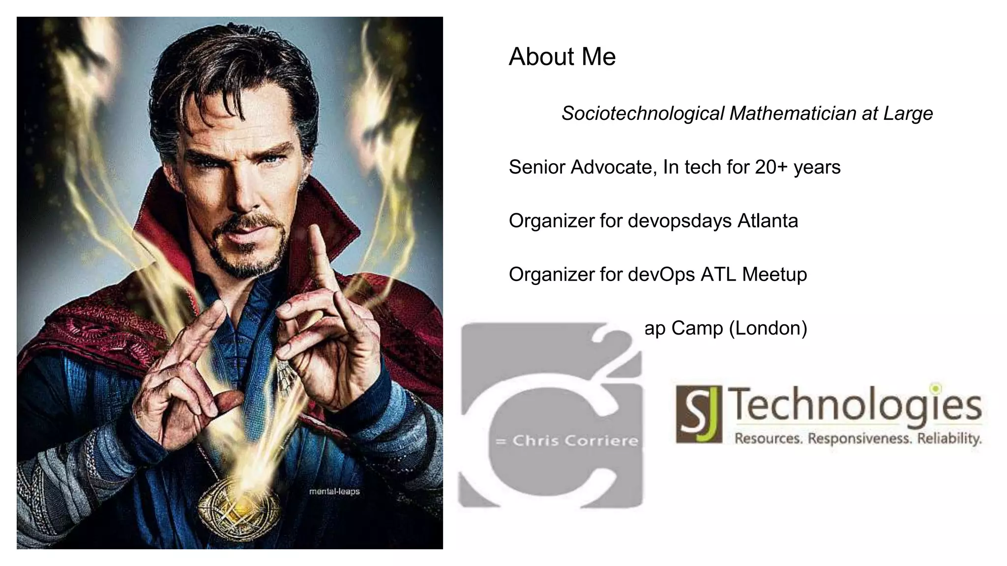 About Me
Sociotechnological Mathematician at Large
Senior Advocate, In tech for 20+ years
Organizer for devopsdays Atlanta
Organizer for devOps ATL Meetup
Organizer for Map Camp (London)
 