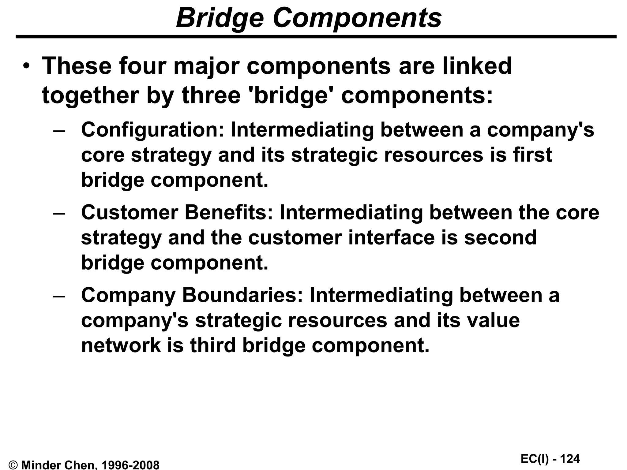 EC(I) - 124
© Minder Chen, 1996-2008
Bridge Components
• These four major components are linked
together by three 'bridge' components:
– Configuration: Intermediating between a company's
core strategy and its strategic resources is first
bridge component.
– Customer Benefits: Intermediating between the core
strategy and the customer interface is second
bridge component.
– Company Boundaries: Intermediating between a
company's strategic resources and its value
network is third bridge component.
 