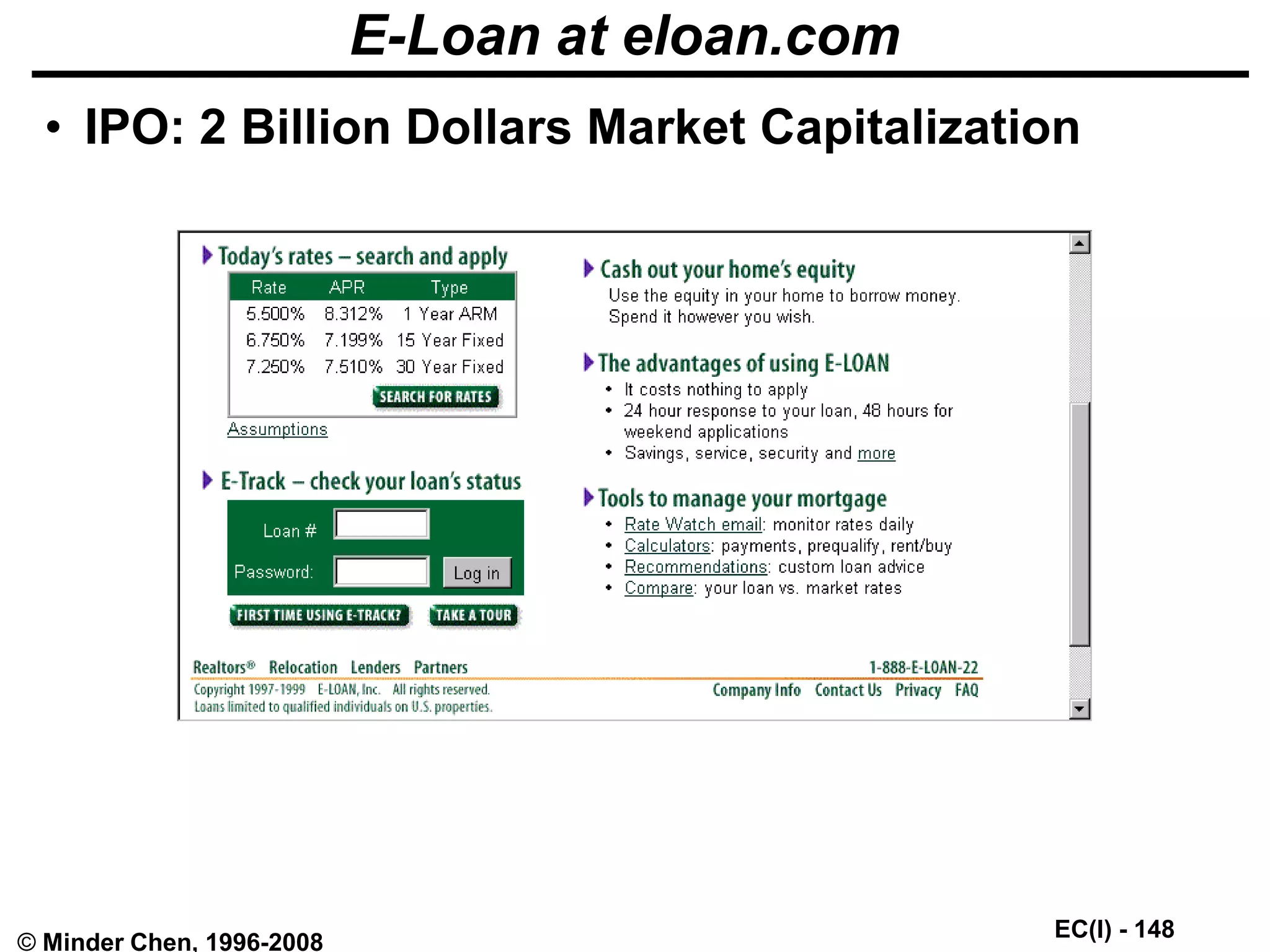 EC(I) - 148
© Minder Chen, 1996-2008
E-Loan at eloan.com
• IPO: 2 Billion Dollars Market Capitalization
 