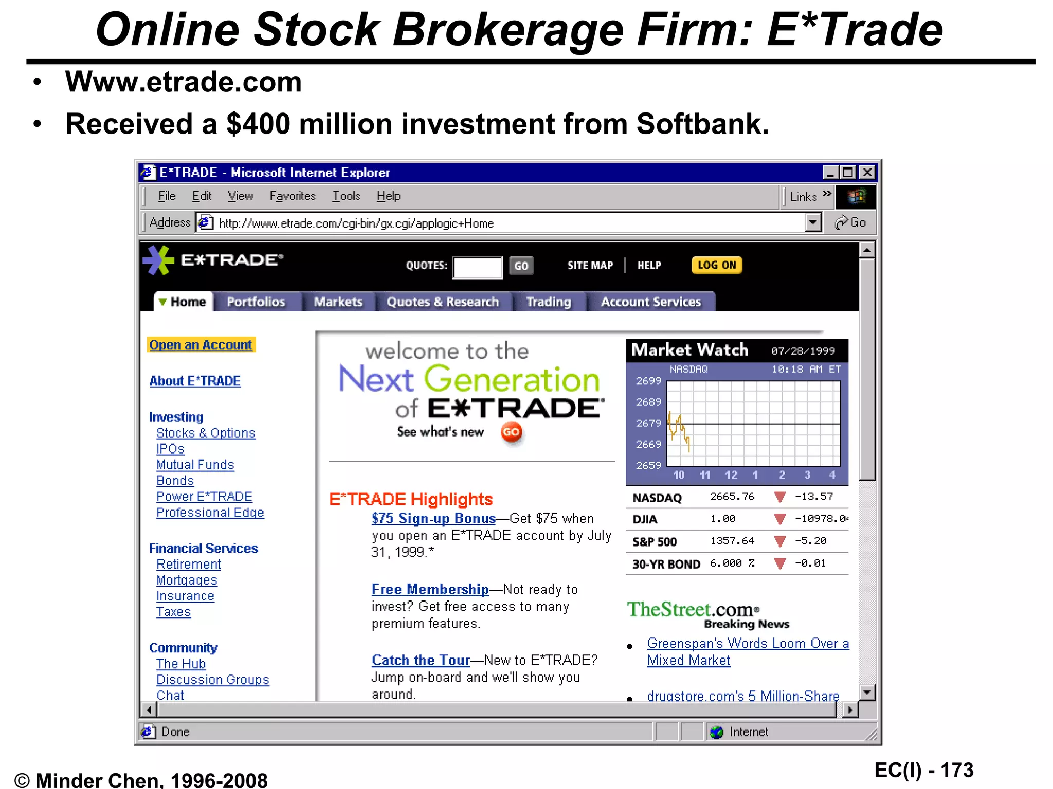 EC(I) - 173
© Minder Chen, 1996-2008
Online Stock Brokerage Firm: E*Trade
• Www.etrade.com
• Received a $400 million investment from Softbank.
 