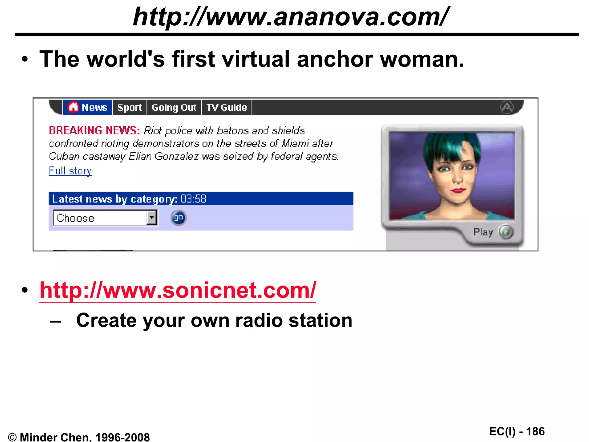EC(I) - 186
© Minder Chen, 1996-2008
http://www.ananova.com/
• The world's first virtual anchor woman.
• http://www.sonicnet.com/
– Create your own radio station
 