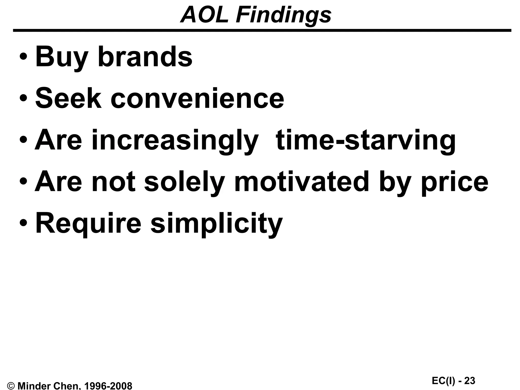 EC(I) - 23
© Minder Chen, 1996-2008
AOL Findings
• Buy brands
• Seek convenience
• Are increasingly time-starving
• Are not solely motivated by price
• Require simplicity
 