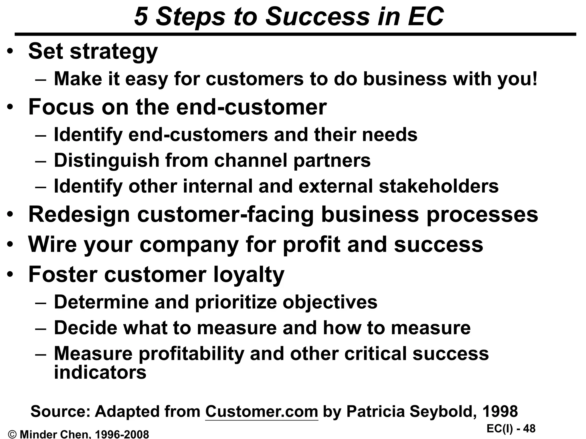 EC(I) - 48
© Minder Chen, 1996-2008
5 Steps to Success in EC
• Set strategy
– Make it easy for customers to do business with you!
• Focus on the end-customer
– Identify end-customers and their needs
– Distinguish from channel partners
– Identify other internal and external stakeholders
• Redesign customer-facing business processes
• Wire your company for profit and success
• Foster customer loyalty
– Determine and prioritize objectives
– Decide what to measure and how to measure
– Measure profitability and other critical success
indicators
Source: Adapted from Customer.com by Patricia Seybold, 1998
 