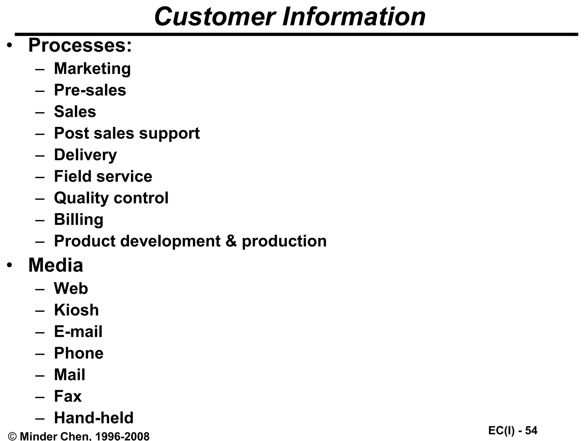 EC(I) - 54
© Minder Chen, 1996-2008
Customer Information
• Processes:
– Marketing
– Pre-sales
– Sales
– Post sales support
– Delivery
– Field service
– Quality control
– Billing
– Product development & production
• Media
– Web
– Kiosh
– E-mail
– Phone
– Mail
– Fax
– Hand-held
 