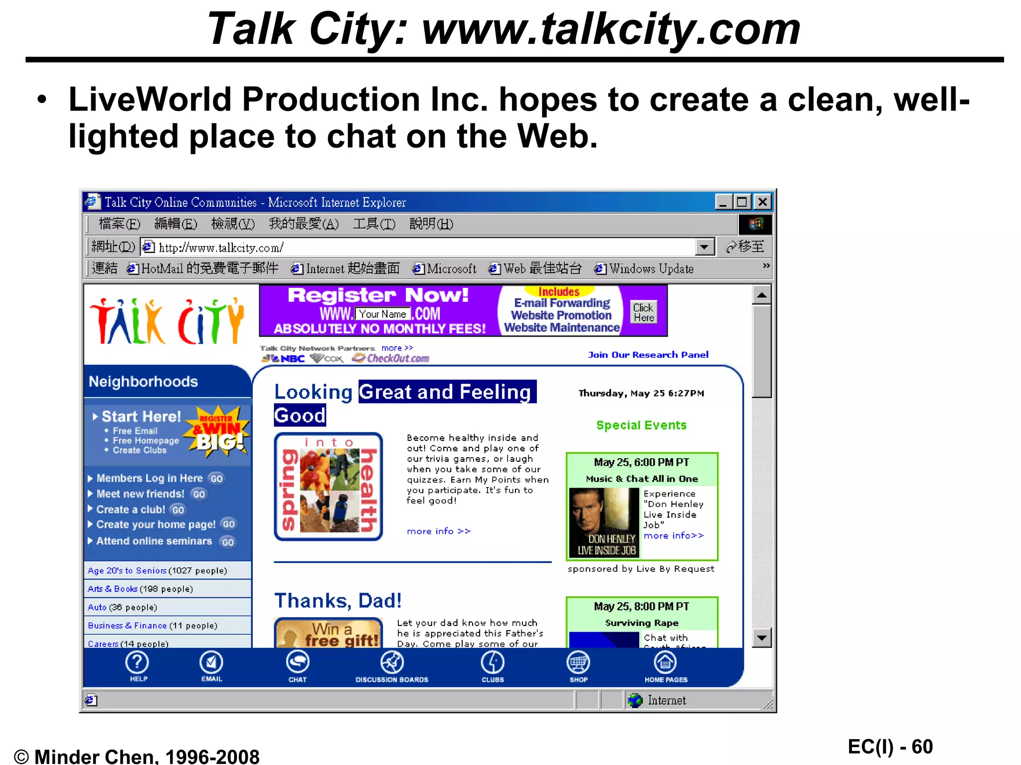 EC(I) - 60
© Minder Chen, 1996-2008
Talk City: www.talkcity.com
• LiveWorld Production Inc. hopes to create a clean, well-
lighted place to chat on the Web.
 