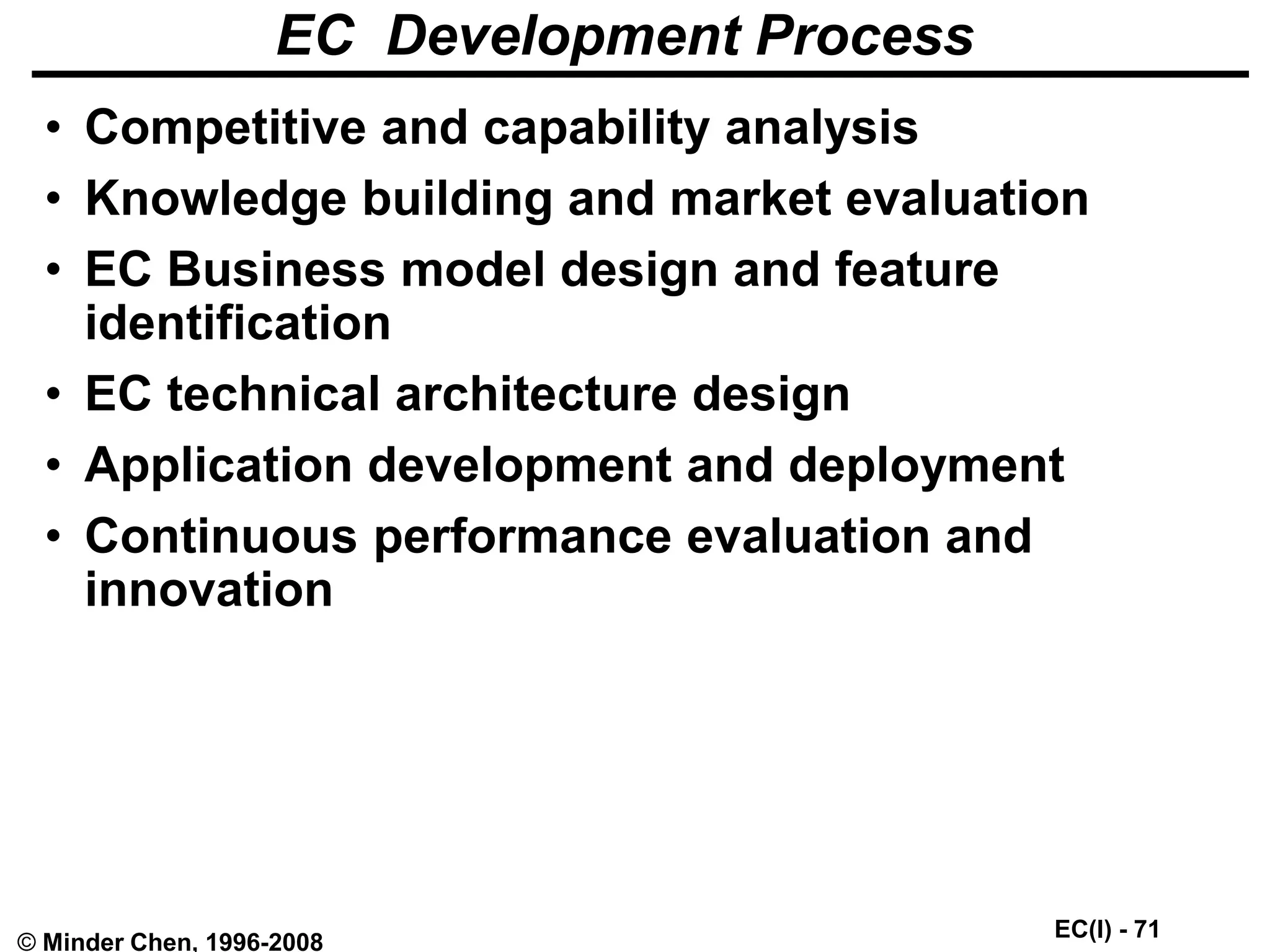 EC(I) - 71
© Minder Chen, 1996-2008
EC Development Process
• Competitive and capability analysis
• Knowledge building and market evaluation
• EC Business model design and feature
identification
• EC technical architecture design
• Application development and deployment
• Continuous performance evaluation and
innovation
 