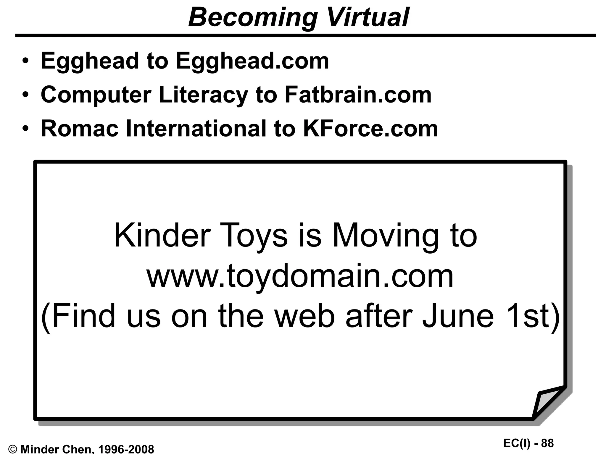 EC(I) - 88
© Minder Chen, 1996-2008
Becoming Virtual
• Egghead to Egghead.com
• Computer Literacy to Fatbrain.com
• Romac International to KForce.com
Kinder Toys is Moving to
www.toydomain.com
(Find us on the web after June 1st)
 