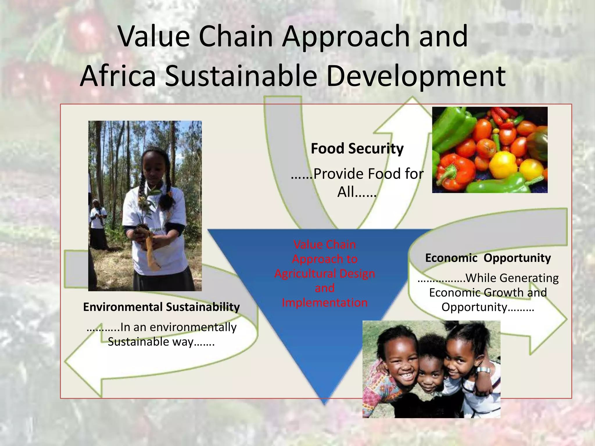 Value Chain Approach and
Africa Sustainable Development

                                     Food Security
                                  ……Provide Food for
                                       All……


                                  Value Chain
                                  Approach to          Economic Opportunity
                               Agricultural Design   …………….While Generating
                                       and            Economic Growth and
Environmental Sustainability    Implementation          Opportunity………
………..In an environmentally
  Sustainable way…….
 