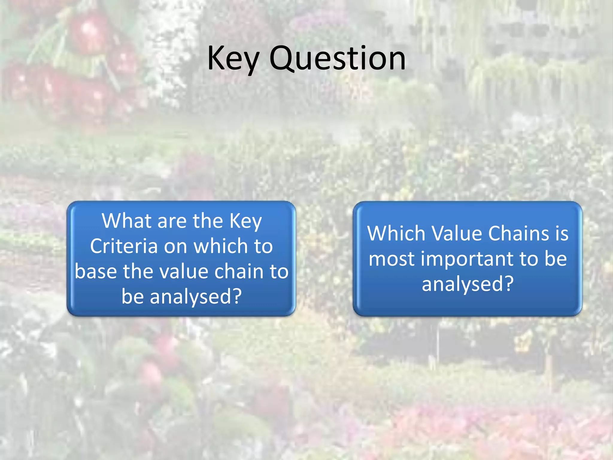 Key Question



  What are the Key
                          Which Value Chains is
 Criteria on which to
                          most important to be
base the value chain to
                               analysed?
     be analysed?
 