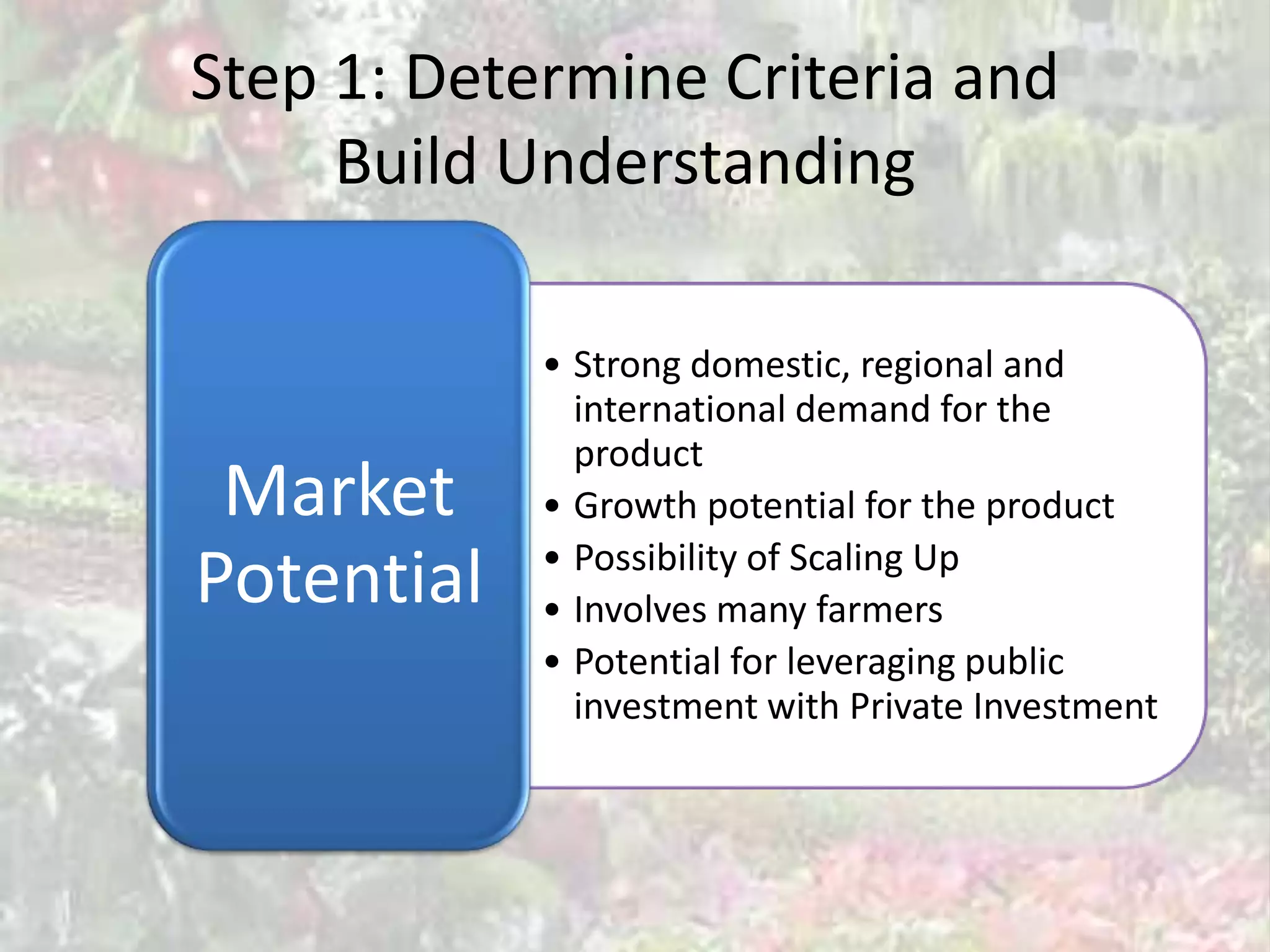 Step 1: Determine Criteria and
     Build Understanding

            • Strong domestic, regional and
              international demand for the
              product
 Market     • Growth potential for the product
            • Possibility of Scaling Up
Potential   • Involves many farmers
            • Potential for leveraging public
              investment with Private Investment
 