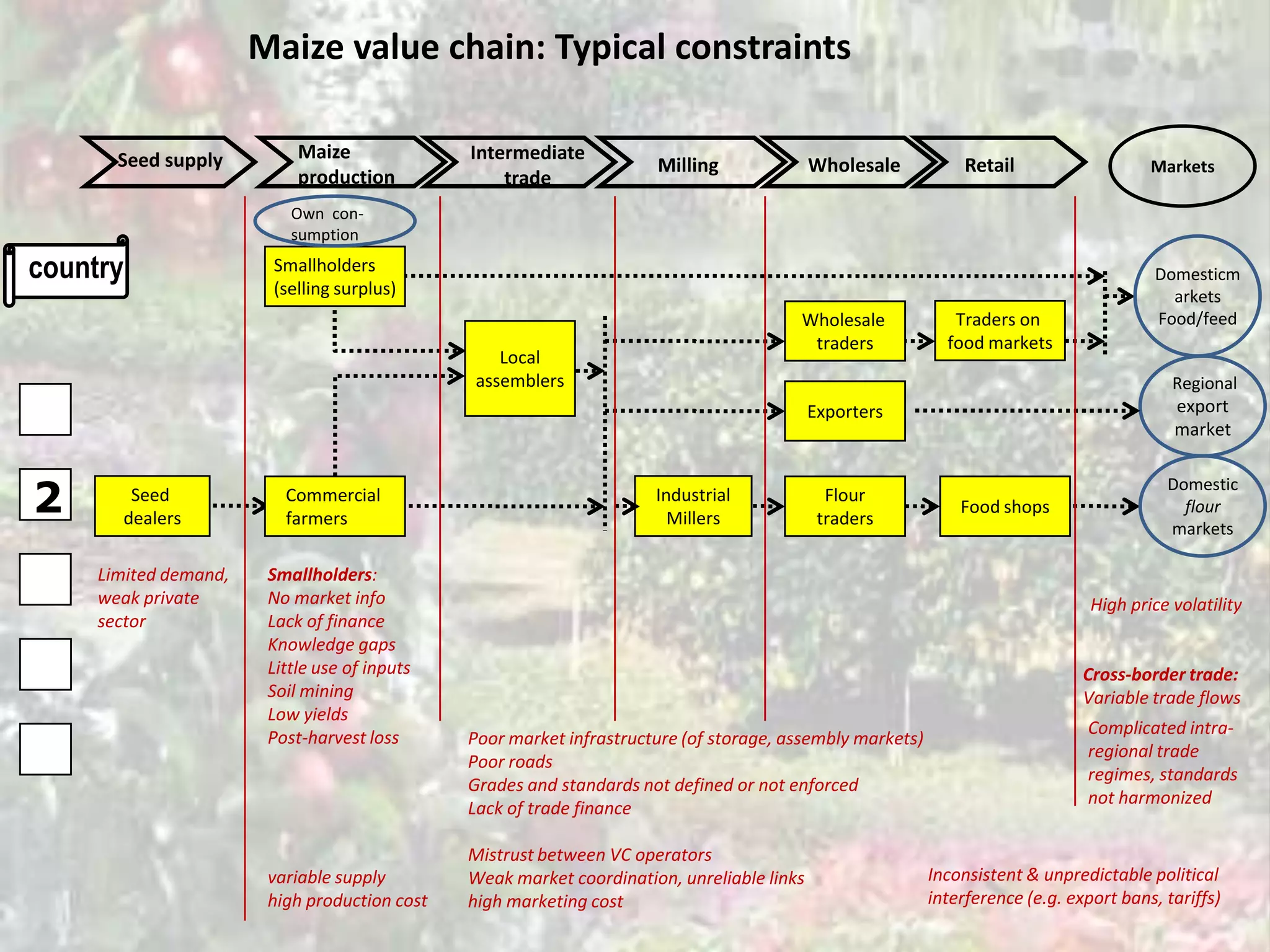 Maize value chain: Typical constraints

       Seed supply          Maize              Intermediate
                                                                      Milling               Wholesale           Retail                   Markets
                            production             trade
                           Own con-
                           sumption

country                 Smallholders                                                                                                      Domesticm
                        (selling surplus)                                                                                                   arkets
                                                                                        Wholesale             Traders on                  Food/feed
                                                                                         traders             food markets
                                                  Local
                                               assemblers                                                                                   Regional
                                                                                            Exporters                                       export
                                                                                                                                            market


2
                                                                                                                                           Domestic
        Seed              Commercial                                  Industrial              Flour
                                                                                                               Food shops                    flour
       dealers            farmers                                       Millers              traders
                                                                                                                                           markets

     Limited demand,    Smallholders:
     weak private       No market info                                                                                           High price volatility
     sector             Lack of finance
                        Knowledge gaps
                        Little use of inputs                                                                                    Cross-border trade:
                        Soil mining                                                                                             Variable trade flows
                        Low yields
                        Post-harvest loss                                                                                       Complicated intra-
                                               Poor market infrastructure (of storage, assembly markets)
                                                                                                                                regional trade
                                               Poor roads
                                                                                                                                regimes, standards
                                               Grades and standards not defined or not enforced
                                                                                                                                not harmonized
                                               Lack of trade finance

                                               Mistrust between VC operators
                        variable supply        Weak market coordination, unreliable links                  Inconsistent & unpredictable political
                        high production cost   high marketing cost                                         interference (e.g. export bans, tariffs)
 