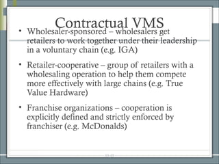 •
          Contractual VMS
    Wholesaler-sponsored – wholesalers get
    retailers to work together under their leadership
    in a voluntary chain (e.g. IGA)
• Retailer-cooperative – group of retailers with a
  wholesaling operation to help them compete
  more effectively with large chains (e.g. True
  Value Hardware)
• Franchise organizations – cooperation is
  explicitly defined and strictly enforced by
  franchiser (e.g. McDonalds)


                          15-15
 