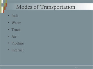 Modes of Transportation
• Rail
• Water
• Truck
• Air
• Pipeline
• Internet



                           15-21
 