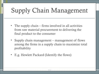 Supply Chain Management

• The supply chain – firms involved in all activities
  from raw material procurement to delivering the
  final product to the consumer
• Supply chain management – management of flows
  among the firms in a supply chain to maximize total
  profitability
• E.g. Hewlett Packard (Identify the flows)



                           15-3
 