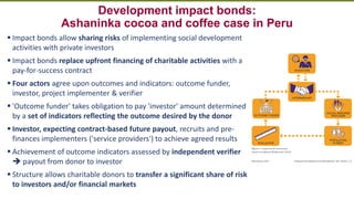 Transforming Lives and Landscapes with Trees
Development impact bonds:
Ashaninka cocoa and coffee case in Peru
▪ Impact bonds allow sharing risks of implementing social development
activities with private investors
▪ Impact bonds replace upfront financing of charitable activities with a
pay-for-success contract
▪ Four actors agree upon outcomes and indicators: outcome funder,
investor, project implementer & verifier
▪ 'Outcome funder' takes obligation to pay 'investor' amount determined
by a set of indicators reflecting the outcome desired by the donor
▪ Investor, expecting contract-based future payout, recruits and pre-
finances implementers ('service providers') to achieve agreed results
▪ Achievement of outcome indicators assessed by independent verifier
➔ payout from donor to investor
▪ Structure allows charitable donors to transfer a significant share of risk
to investors and/or financial markets
 