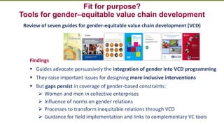 Transforming Lives and Landscapes with Trees
Fit for purpose?
Tools for gender–equitable value chain development
Review of seven guides for gender-equitable value chain development (VCD)
Findings
▪ Guides advocate persuasively the integration of gender into VCD programming
▪ They raise important issues for designing more inclusive interventions
▪ But gaps persist in coverage of gender-based constraints:
➢ Women and men in collective enterprises
➢ Influence of norms on gender relations
➢ Processes to transform inequitable relations through VCD
➢ Guidance for field implementation and links to complementary VC tools
 