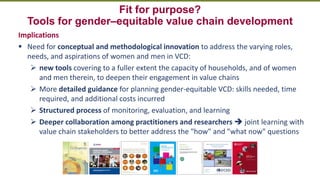 Transforming Lives and Landscapes with Trees
Fit for purpose?
Tools for gender–equitable value chain development
Implications
▪ Need for conceptual and methodological innovation to address the varying roles,
needs, and aspirations of women and men in VCD:
➢ new tools covering to a fuller extent the capacity of households, and of women
and men therein, to deepen their engagement in value chains
➢ More detailed guidance for planning gender-equitable VCD: skills needed, time
required, and additional costs incurred
➢ Structured process of monitoring, evaluation, and learning
➢ Deeper collaboration among practitioners and researchers ➔ joint learning with
value chain stakeholders to better address the "how" and "what now" questions
 