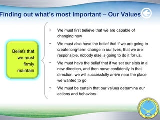 Finding out what’s most Important – Our Values Beliefs that we must firmly maintain We must first believe that we are capable of changing now We must also have the belief that if we are going to create long-term change in our lives, that we are responsible, nobody else is going to do it for us. We must have the belief that if we set our sites in a new direction, and then move confidently in that direction, we will successfully arrive near the place we wanted to go We must be certain that our values determine our actions and behaviors 