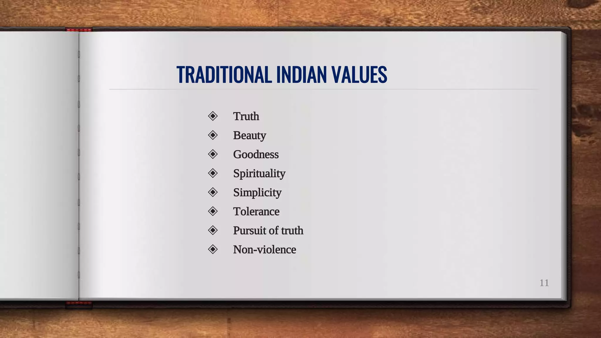 TRADITIONAL INDIAN VALUES
◈ Truth
◈ Beauty
◈ Goodness
◈ Spirituality
◈ Simplicity
◈ Tolerance
◈ Pursuit of truth
◈ Non-violence
11
 