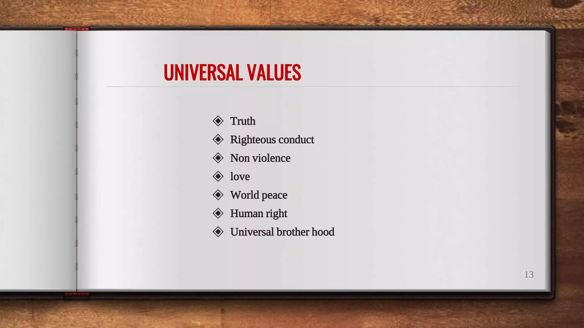 UNIVERSAL VALUES
13
◈ Truth
◈ Righteous conduct
◈ Non violence
◈ love
◈ World peace
◈ Human right
◈ Universal brother hood
 