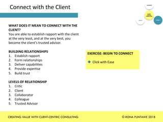 Connect	with	the	Client	
WHAT	DOES	IT	MEAN	TO	CONNECT	WITH	THE	
CLIENT?	
You	are	able	to	establish	rapport	with	the	client	
at	the	very	least,	and	at	the	very	best,	you	
become	the	client’s	trusted	advisor.		
	
BUILDING	RELATIONSHIPS	
1.  Establish	rapport	
2.  Form	rela+onships	
3.  Deliver	capabili+es	
4.  Provide	exper+se	
5.  Build	trust	
	
LEVELS	OF	RELATIONSHIP	
1.  Cri+c	
2.  Client	
3.  Collaborator	
4.  Colleague	
5.  Trusted	Advisor	
	
EXERCISE:	BEGIN	TO	CONNECT	
	
u  Click	with	Ease	
	
CLIENT-
CENTRIC	
CONSULTING	
CALIBRATE	
CONNECT	CREATE	
CREATING VALUE WITH CLIENT-CENTRIC CONSULTING © RONA PUNTAWE 2018
 