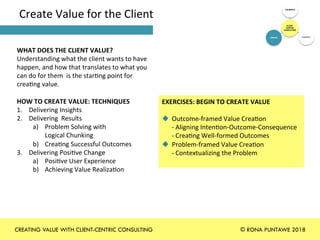 Create	Value	for	the	Client	
WHAT	DOES	THE	CLIENT	VALUE?	
Understanding	what	the	client	wants	to	have	
happen,	and	how	that	translates	to	what	you	
can	do	for	them		is	the	star+ng	point	for	
crea+ng	value.		
	
HOW	TO	CREATE	VALUE:	TECHNIQUES	
1.  Delivering	Insights	
2.  Delivering		Results	
a)  Problem	Solving	with		
Logical	Chunking	
b)  Crea+ng	Successful	Outcomes	
3.  Delivering	Posi+ve	Change	
a)  Posi+ve	User	Experience	
b)  Achieving	Value	Realiza+on	
	
	
EXERCISES:	BEGIN	TO	CREATE	VALUE	
	
u  Outcome-framed	Value	Crea+on	
-	Aligning	Inten+on-Outcome-Consequence	
-	Crea+ng	Well-formed	Outcomes	
u  Problem-framed	Value	Crea+on	
-	Contextualizing	the	Problem	
	
CLIENT-
CENTRIC	
CONSULTING	
CALIBRATE	
CONNECT	CREATE	
CREATING VALUE WITH CLIENT-CENTRIC CONSULTING © RONA PUNTAWE 2018
 