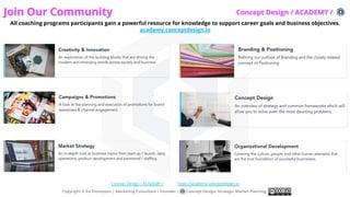 Join Our Community
All coaching programs participants gain a powerful resource for knowledge to support career goals and business objectives.
academy.conceptdesign.io
Copyright © Ed Thompson | Marketing Consultant / Founder | Concept Design: Strategic Market Planning
Concept Design / ACADEMY / https://academy.conceptdesign.io
Concept Design / ACADEMY /
 