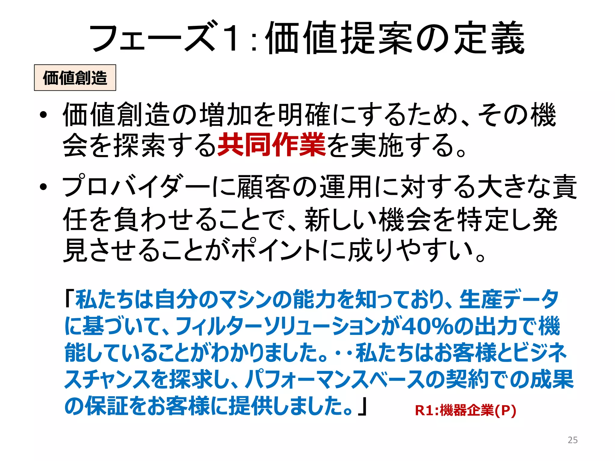 フェーズ１：価値提案の定義
• 価値創造の増加を明確にするため、その機
会を探索する共同作業を実施する。
• プロバイダーに顧客の運用に対する大きな責
任を負わせることで、新しい機会を特定し発
見させることがポイントに成りやすい。
25
「私たちは自分のマシンの能力を知っており、生産データ
に基づいて、フィルターソリューションが40％の出力で機
能していることがわかりました。・・私たちはお客様とビジネ
スチャンスを探求し、パフォーマンスベースの契約での成果
の保証をお客様に提供しました。」 R1:機器企業(P)
価値創造
 