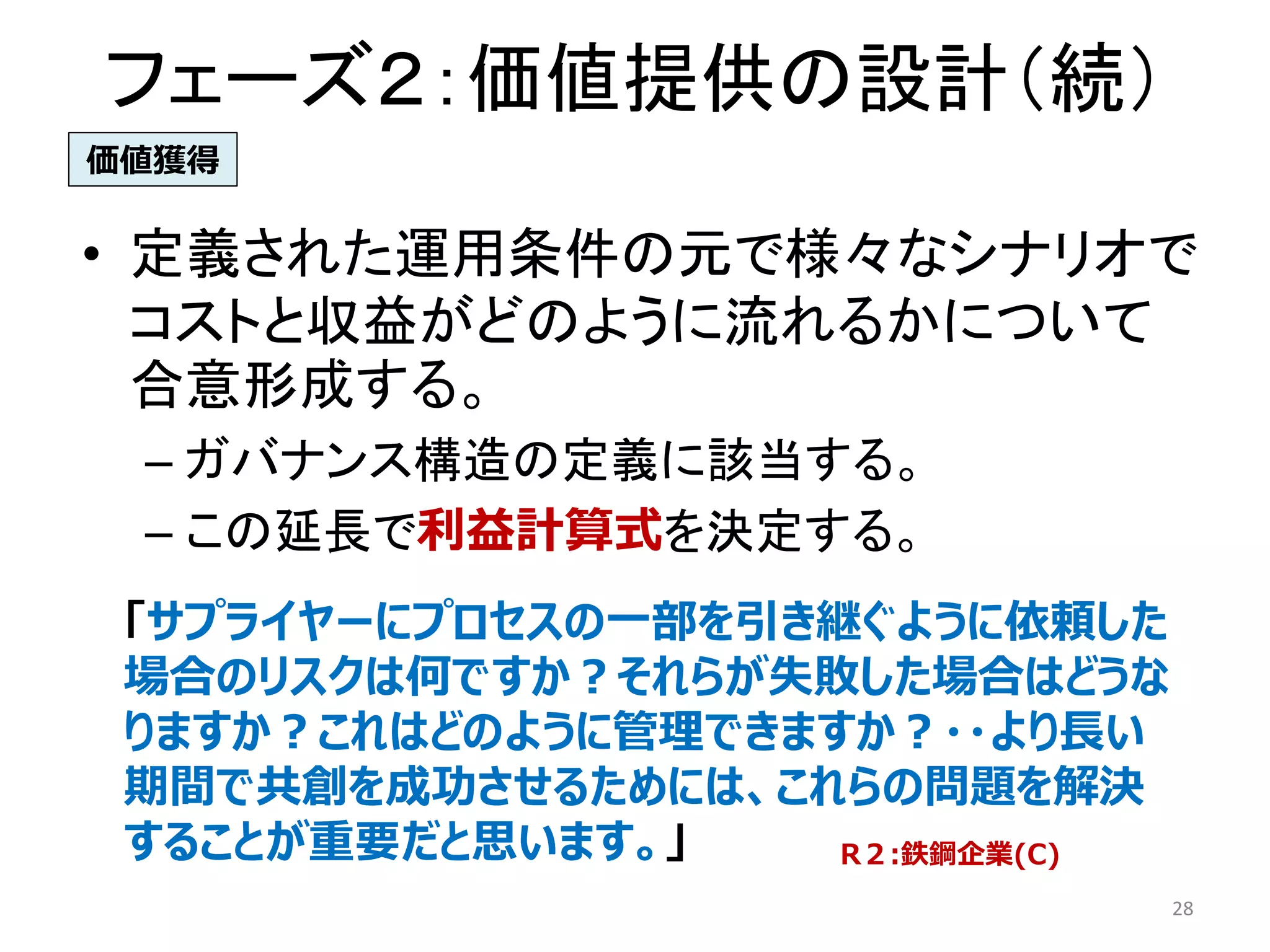 フェーズ２：価値提供の設計（続）
• 定義された運用条件の元で様々なシナリオで
コストと収益がどのように流れるかについて
合意形成する。
– ガバナンス構造の定義に該当する。
– この延長で利益計算式を決定する。
28
「サプライヤーにプロセスの一部を引き継ぐように依頼した
場合のリスクは何ですか？それらが失敗した場合はどうな
りますか？これはどのように管理できますか？・・より長い
期間で共創を成功させるためには、これらの問題を解決
することが重要だと思います。」 R２:鉄鋼企業(C)
価値獲得
 