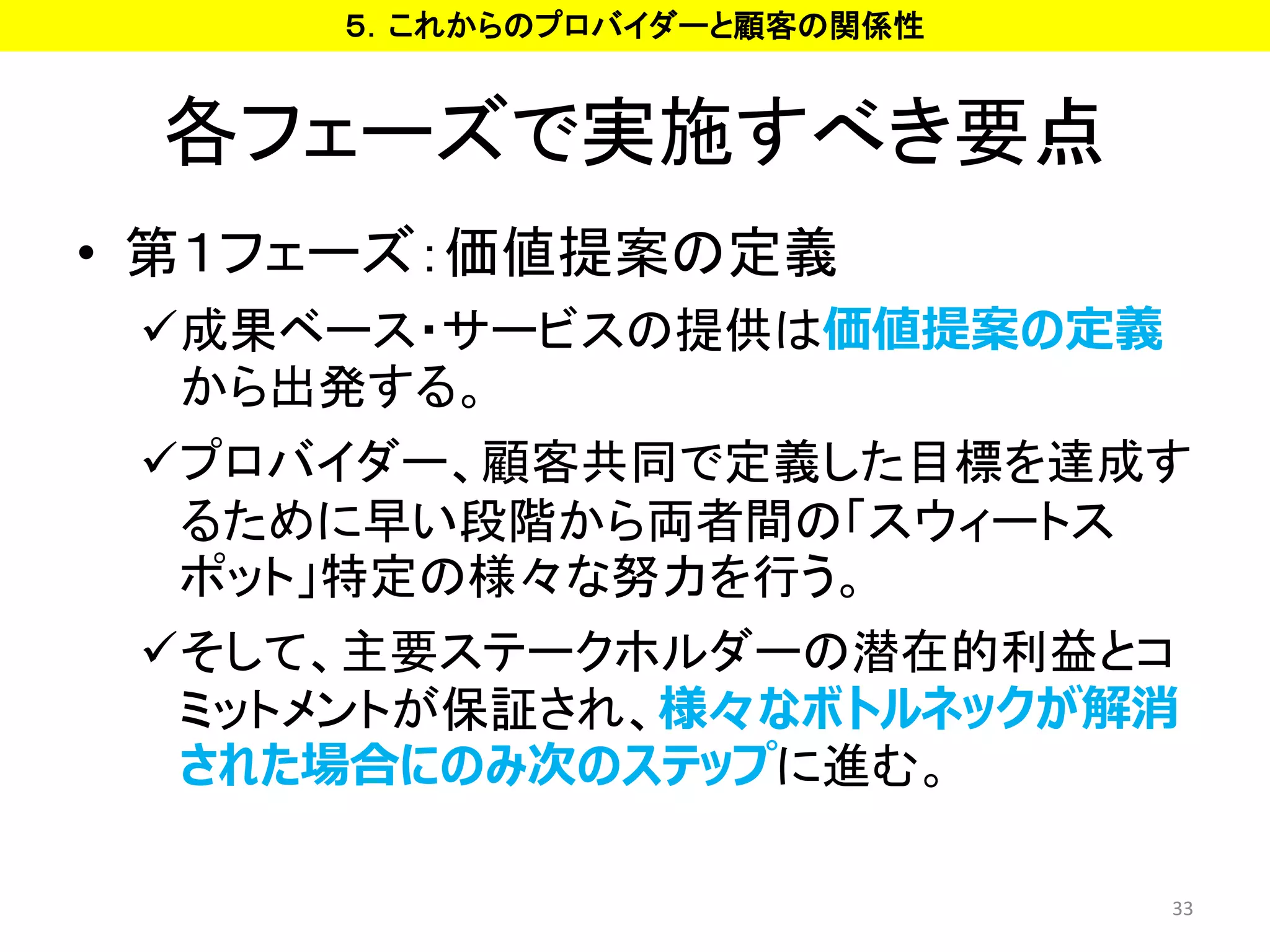 各フェーズで実施すべき要点
• 第１フェーズ：価値提案の定義
✓成果ベース・サービスの提供は価値提案の定義
から出発する。
✓プロバイダー、顧客共同で定義した目標を達成す
るために早い段階から両者間の「スウィートス
ポット」特定の様々な努力を行う。
✓そして、主要ステークホルダーの潜在的利益とコ
ミットメントが保証され、様々なボトルネックが解消
された場合にのみ次のステップに進む。
33
５．これからのプロバイダーと顧客の関係性
 