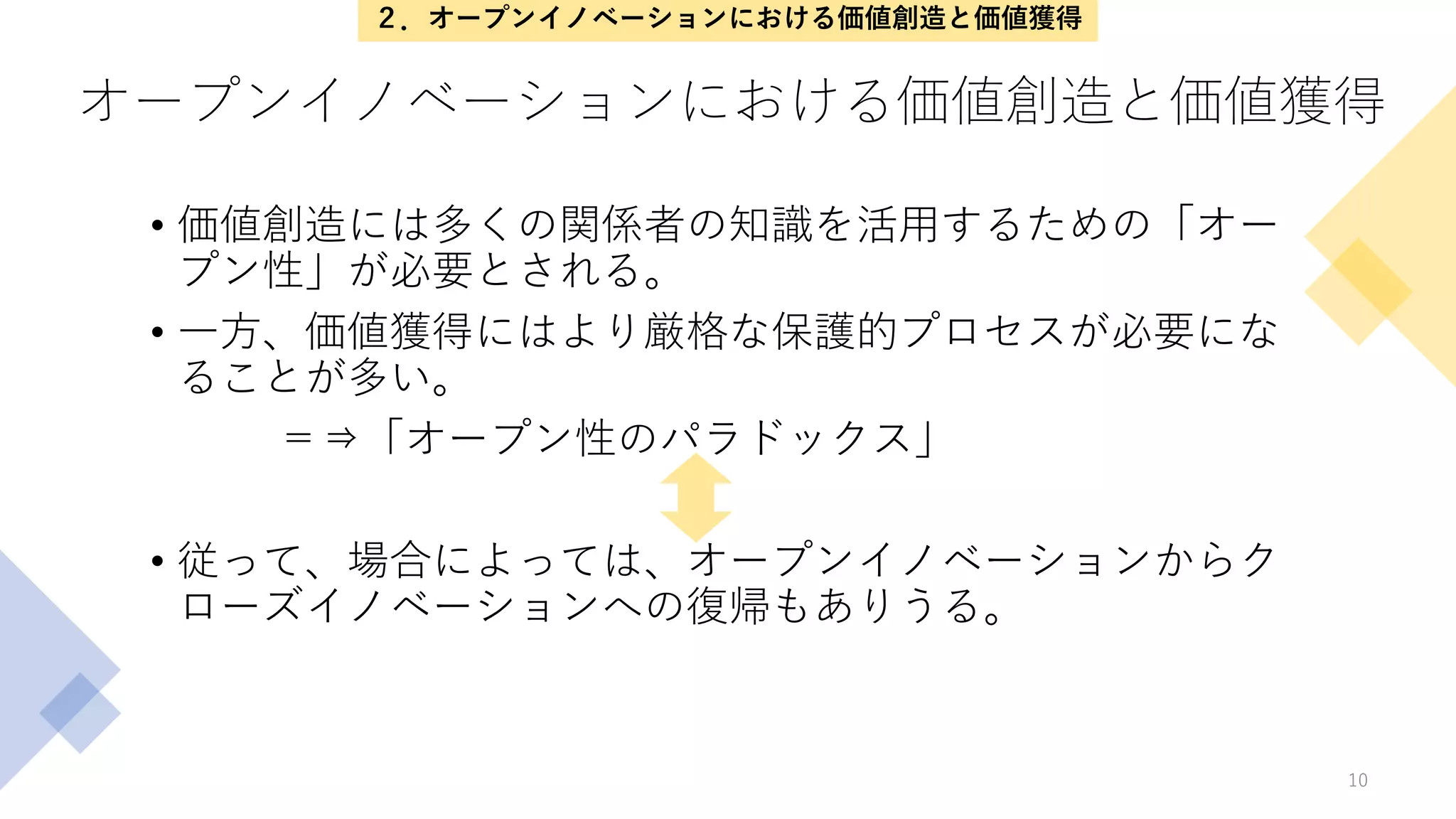 オープンイノベーションにおける価値創造と価値獲得
• 価値創造には多くの関係者の知識を活用するための「オー
プン性」が必要とされる。
• 一方、価値獲得にはより厳格な保護的プロセスが必要にな
ることが多い。
＝⇒「オープン性のパラドックス」
• 従って、場合によっては、オープンイノベーションからク
ローズイノベーションへの復帰もありうる。
10
２．オープンイノベーションにおける価値創造と価値獲得
 