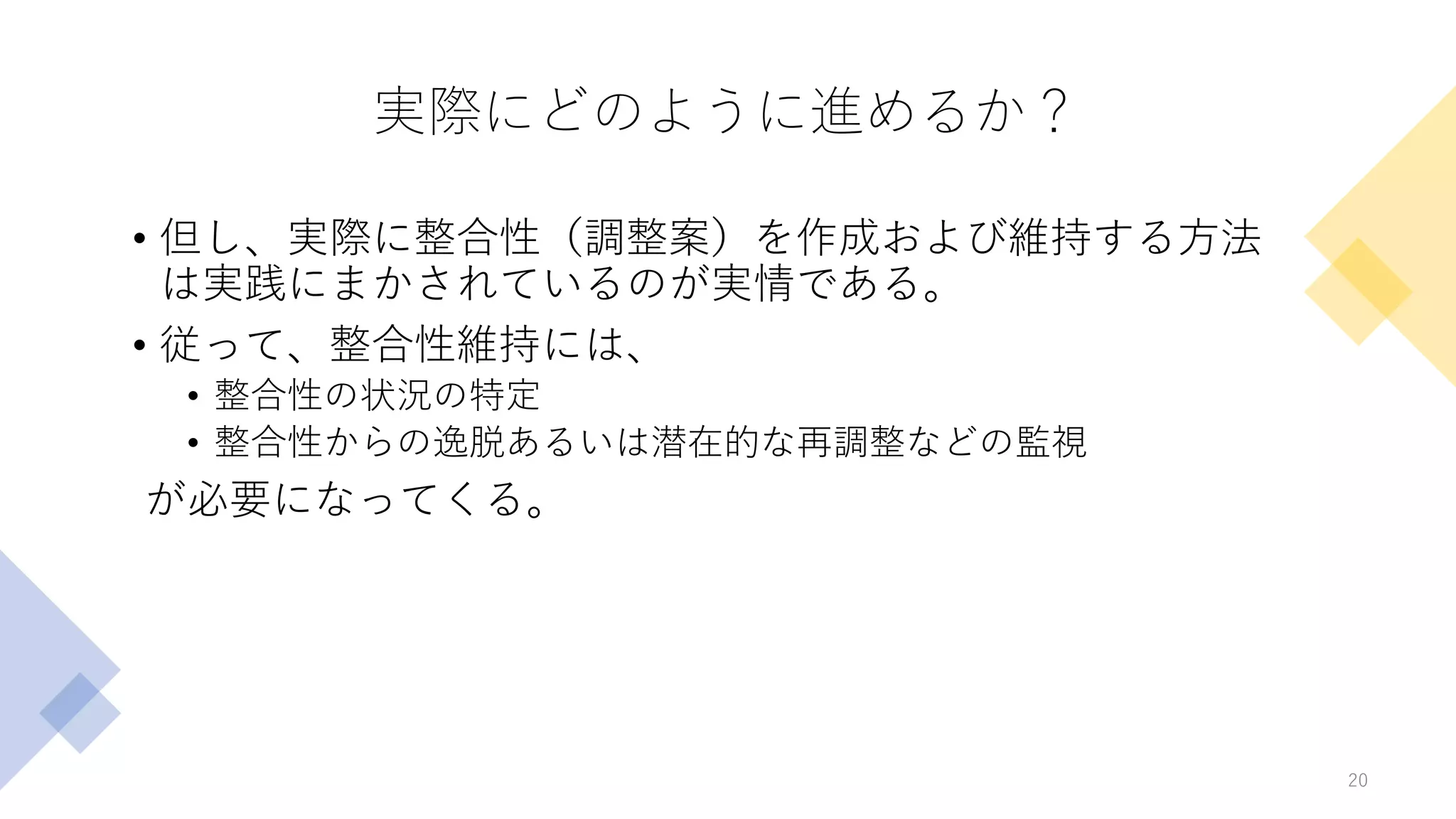 実際にどのように進めるか？
• 但し、実際に整合性（調整案）を作成および維持する方法
は実践にまかされているのが実情である。
• 従って、整合性維持には、
• 整合性の状況の特定
• 整合性からの逸脱あるいは潜在的な再調整などの監視
が必要になってくる。
20
 