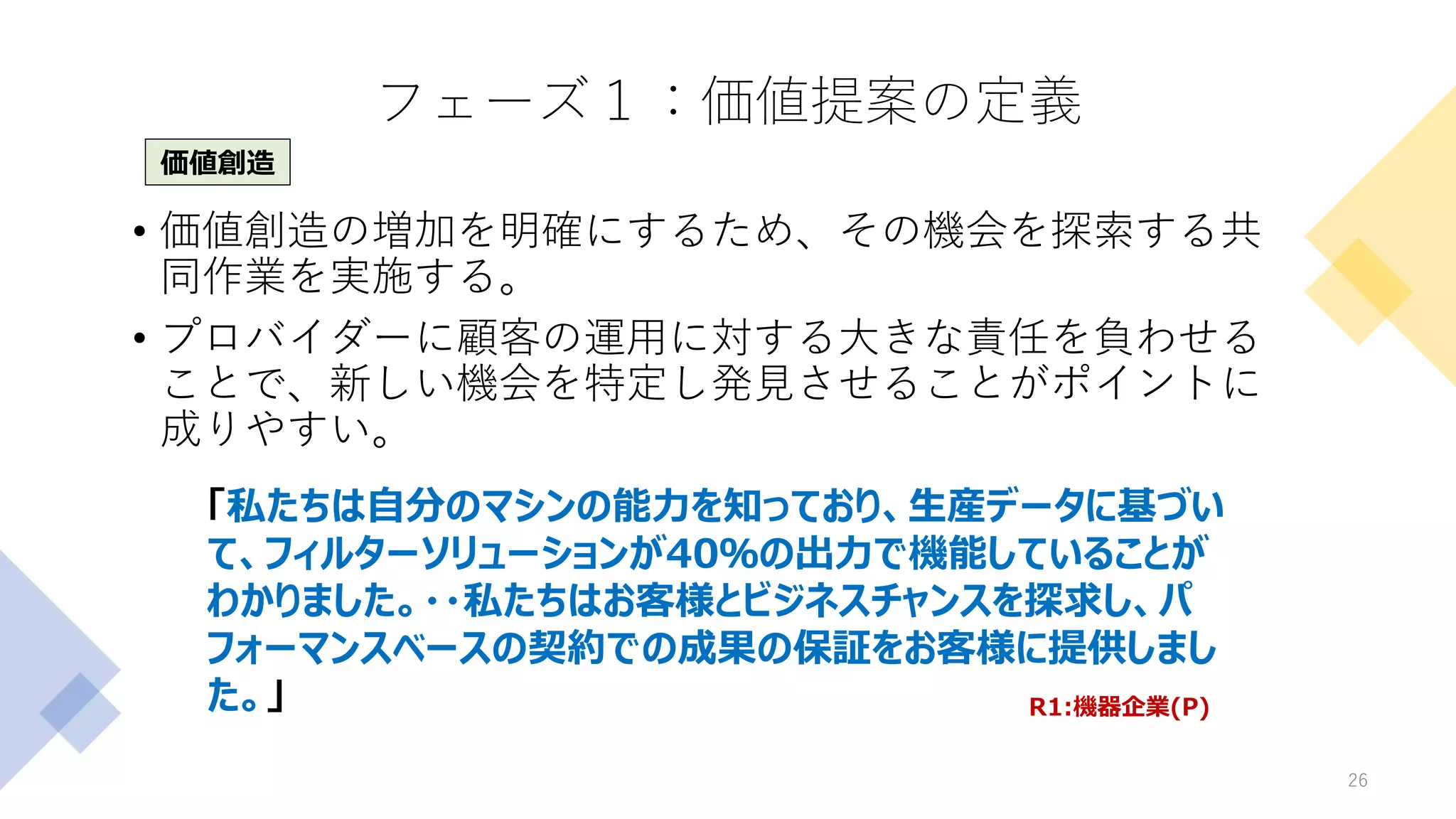 フェーズ１：価値提案の定義
• 価値創造の増加を明確にするため、その機会を探索する共
同作業を実施する。
• プロバイダーに顧客の運用に対する大きな責任を負わせる
ことで、新しい機会を特定し発見させることがポイントに
成りやすい。
26
「私たちは自分のマシンの能力を知っており、生産データに基づい
て、フィルターソリューションが40％の出力で機能していることが
わかりました。・・私たちはお客様とビジネスチャンスを探求し、パ
フォーマンスベースの契約での成果の保証をお客様に提供しまし
た。」 R1:機器企業(P)
価値創造
 