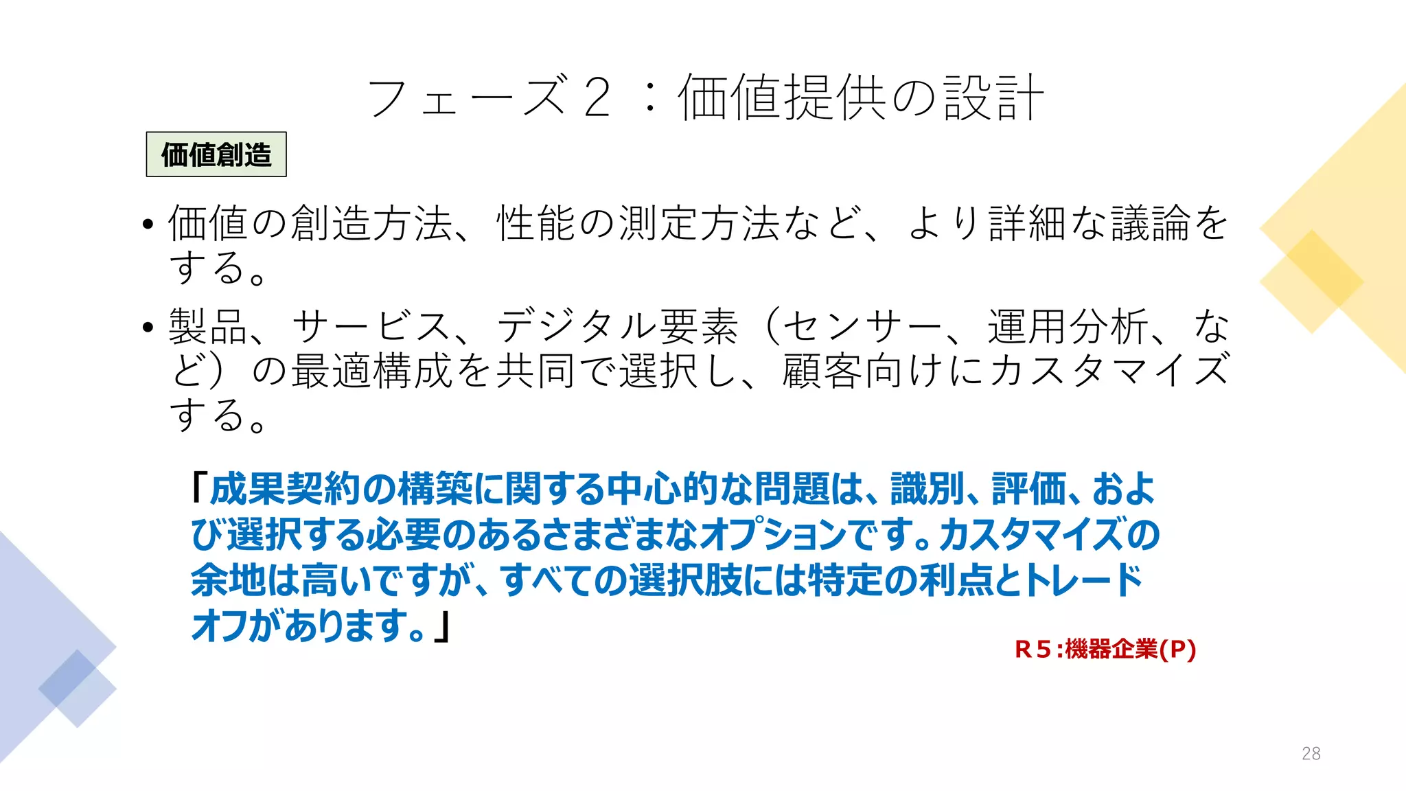 フェーズ２：価値提供の設計
• 価値の創造方法、性能の測定方法など、より詳細な議論を
する。
• 製品、サービス、デジタル要素（センサー、運用分析、な
ど）の最適構成を共同で選択し、顧客向けにカスタマイズ
する。
28
「成果契約の構築に関する中心的な問題は、識別、評価、およ
び選択する必要のあるさまざまなオプションです。カスタマイズの
余地は高いですが、すべての選択肢には特定の利点とトレード
オフがあります。」 R５:機器企業(P)
価値創造
 