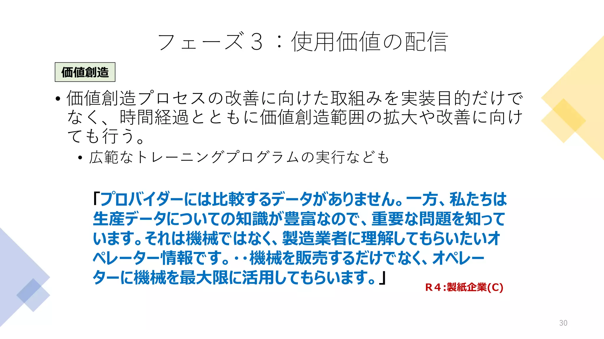 フェーズ３：使用価値の配信
• 価値創造プロセスの改善に向けた取組みを実装目的だけで
なく、時間経過とともに価値創造範囲の拡大や改善に向け
ても行う。
• 広範なトレーニングプログラムの実行なども
30
「プロバイダーには比較するデータがありません。一方、私たちは
生産データについての知識が豊富なので、重要な問題を知って
います。それは機械ではなく、製造業者に理解してもらいたいオ
ペレーター情報です。・・機械を販売するだけでなく、オペレー
ターに機械を最大限に活用してもらいます。」 R４:製紙企業(C)
価値創造
 