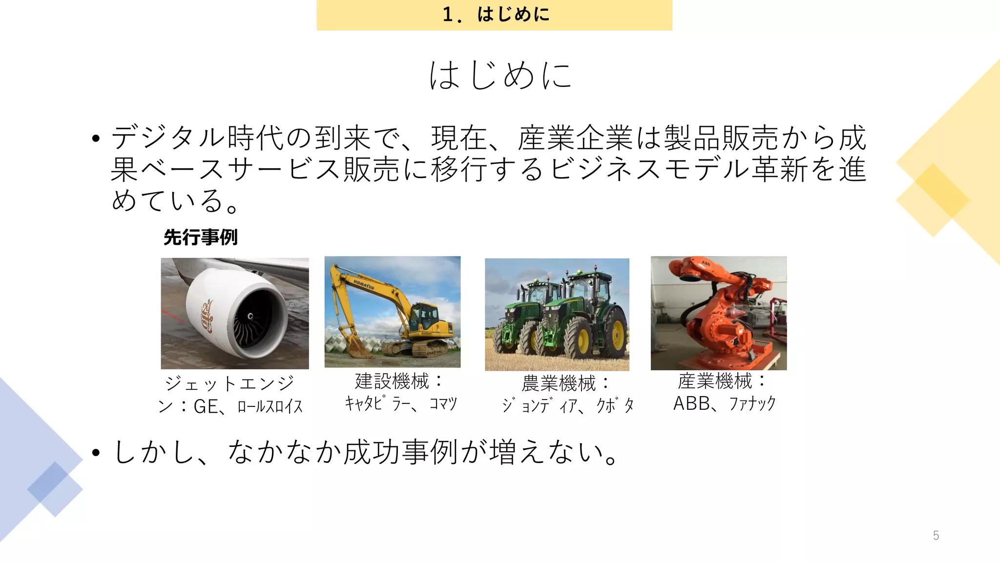 はじめに
• デジタル時代の到来で、現在、産業企業は製品販売から成
果ベースサービス販売に移行するビジネスモデル革新を進
めている。
• しかし、なかなか成功事例が増えない。
5
１．はじめに
先行事例
ジェットエンジ
ン：GE、ﾛｰﾙｽﾛｲｽ
建設機械：
ｷｬﾀﾋﾟﾗｰ、ｺﾏﾂ
農業機械：
ｼﾞｮﾝﾃﾞｨｱ、ｸﾎﾞﾀ
産業機械：
ABB、ﾌｧﾅｯｸ
 